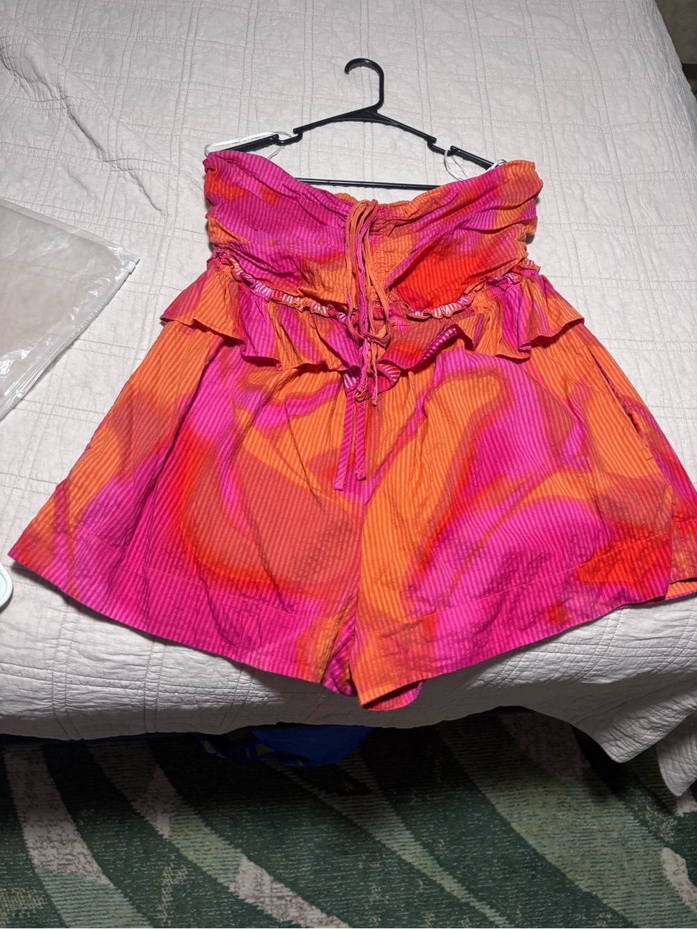 Strapless Pink & Orange Tie-Front Ruffle Romper